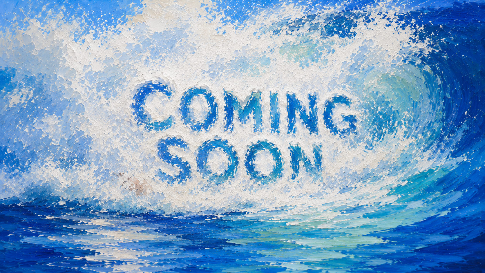 A painted surf story: a surfer paddles into a cobalt wave, rides deep into the barrel, and disappears into white foam that reveals the words Coming Soon.